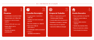 4 instâncias de atuação: plenárias, conselho estratégico, grupo de trabalho e gestão executiva